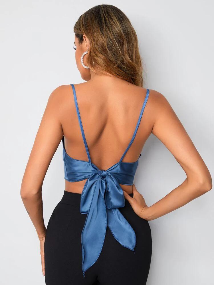 Draped Neck Hanky Hem Tie Back Cami Top