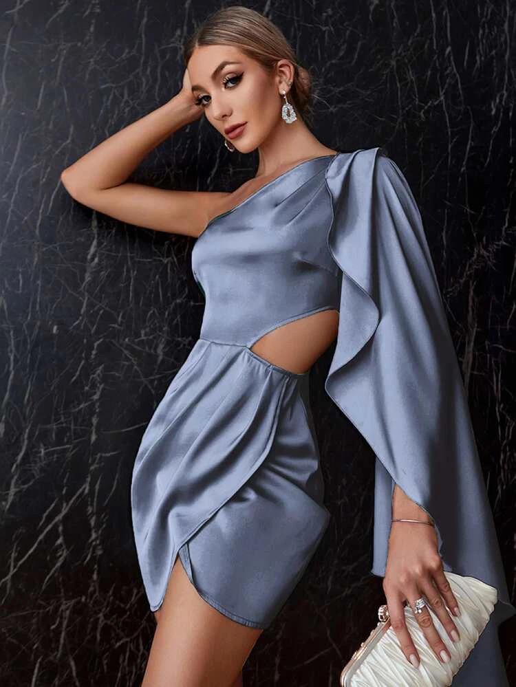 One Shoulder Cut Out Wrap Satin Dress