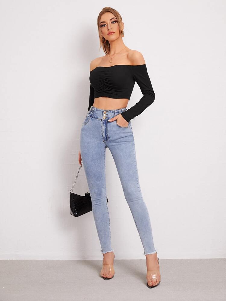 Off Shoulder Ruched Front Crop Top freeshipping - Kendiee