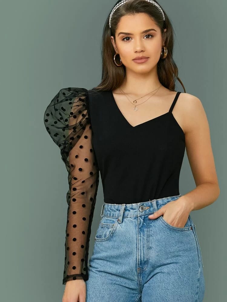 Asymmetrical Neck Mesh Dot Sleeve Top freeshipping - Kendiee