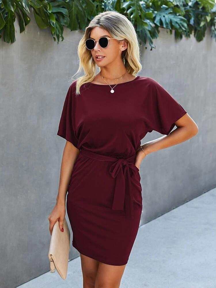 Solid Batwing Sleeve Belted Fitted Dress freeshipping - Kendiee