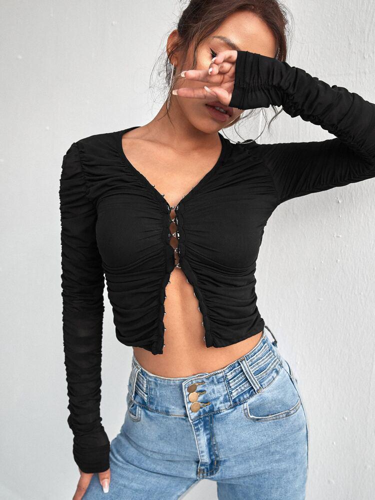 Hook And Eye Placket Ruched Mesh Top freeshipping - Kendiee