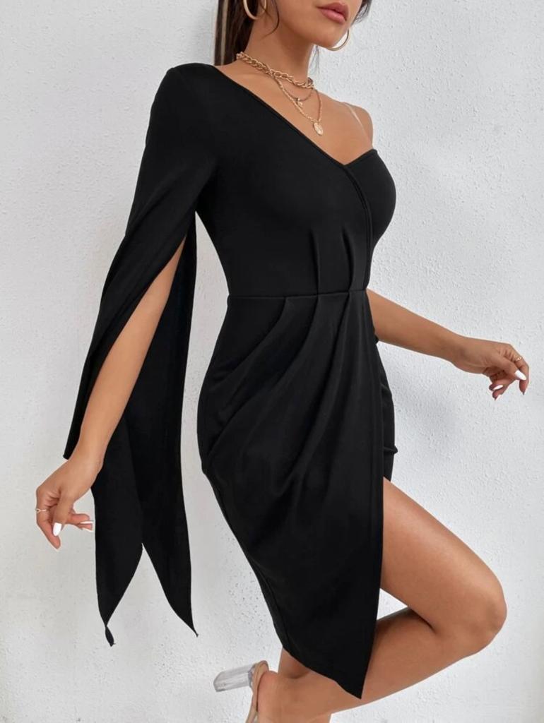 PETITE Transparent Shoulder Strap Asymmetrical Neck Split Sleeve Wrap Hem Dress