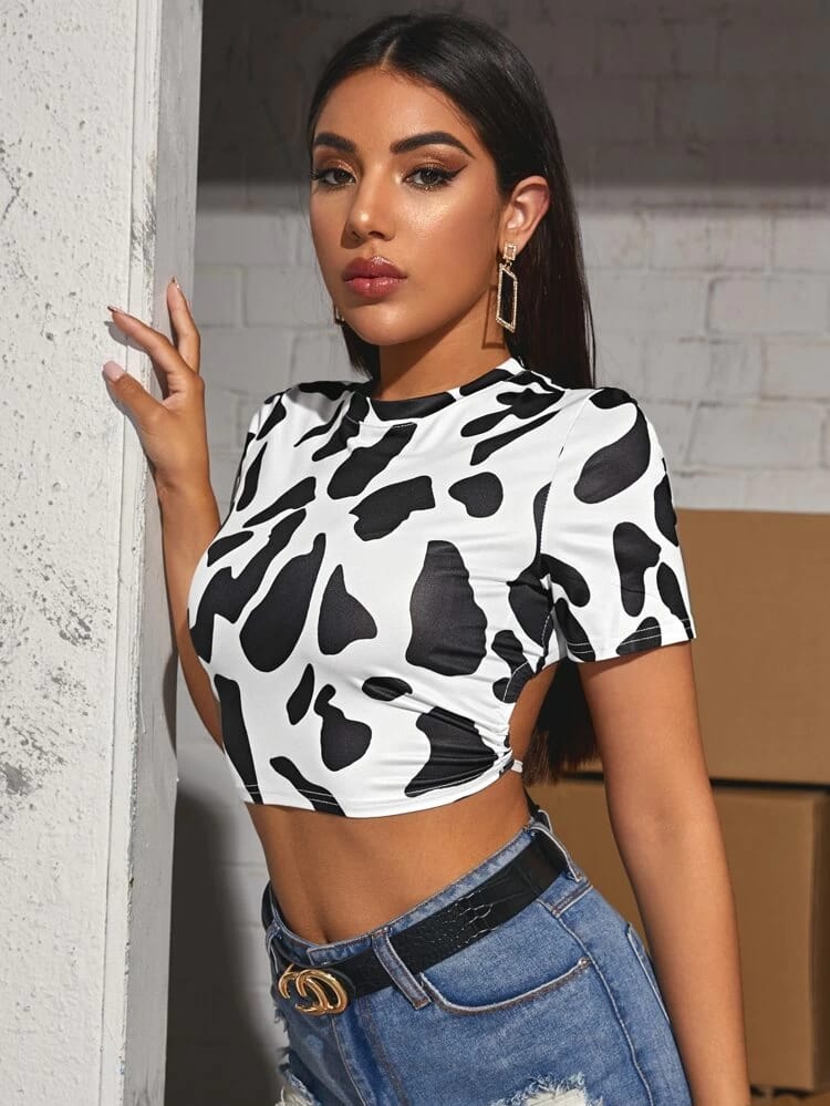 Tied Open Back Cow Print Crop Top freeshipping - Kendiee