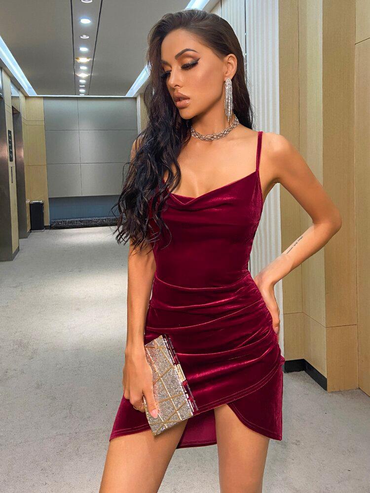 Cowl Neck Velvet Cami Dress freeshipping - Kendiee