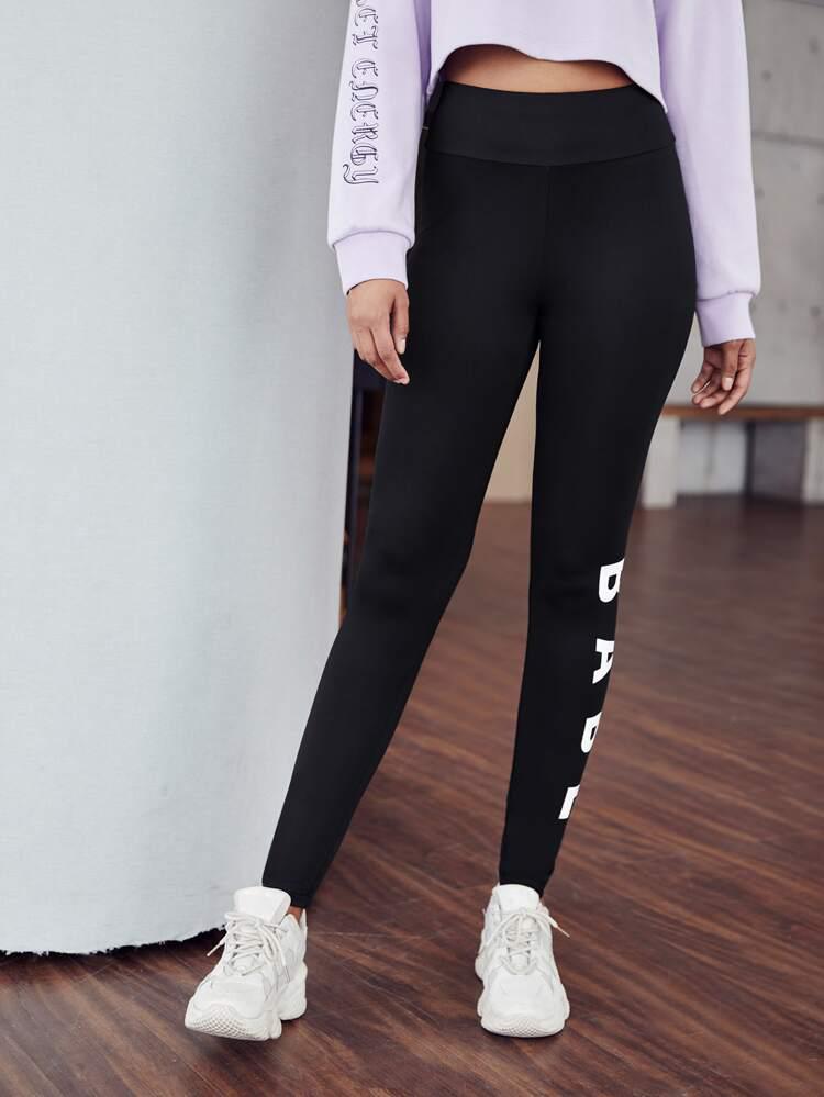 Letter Graphic Wideband Waist Leggings freeshipping - Kendiee