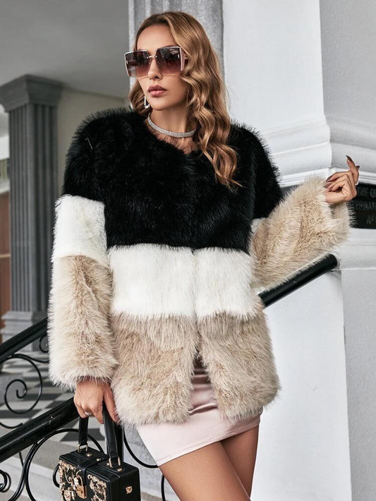 Color Block Fuzzy Coat