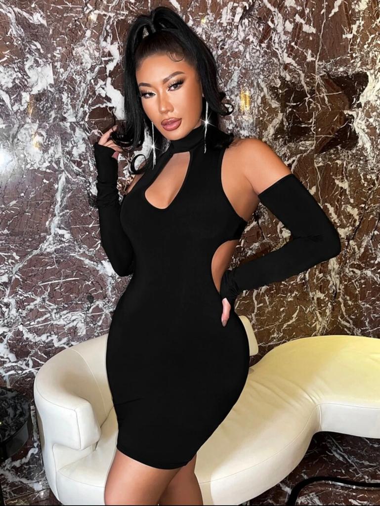 Cut Out Cold Shoulder Thumbholes Bodycon Dress