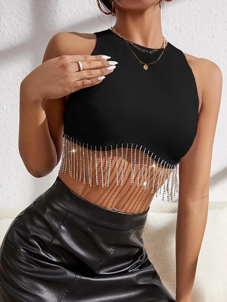 Rhinestone Fringe Zip Back Tank Top