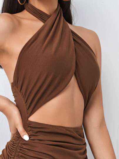 Cross Wrap Drawstring Ruched Halter Dress freeshipping - Kendiee