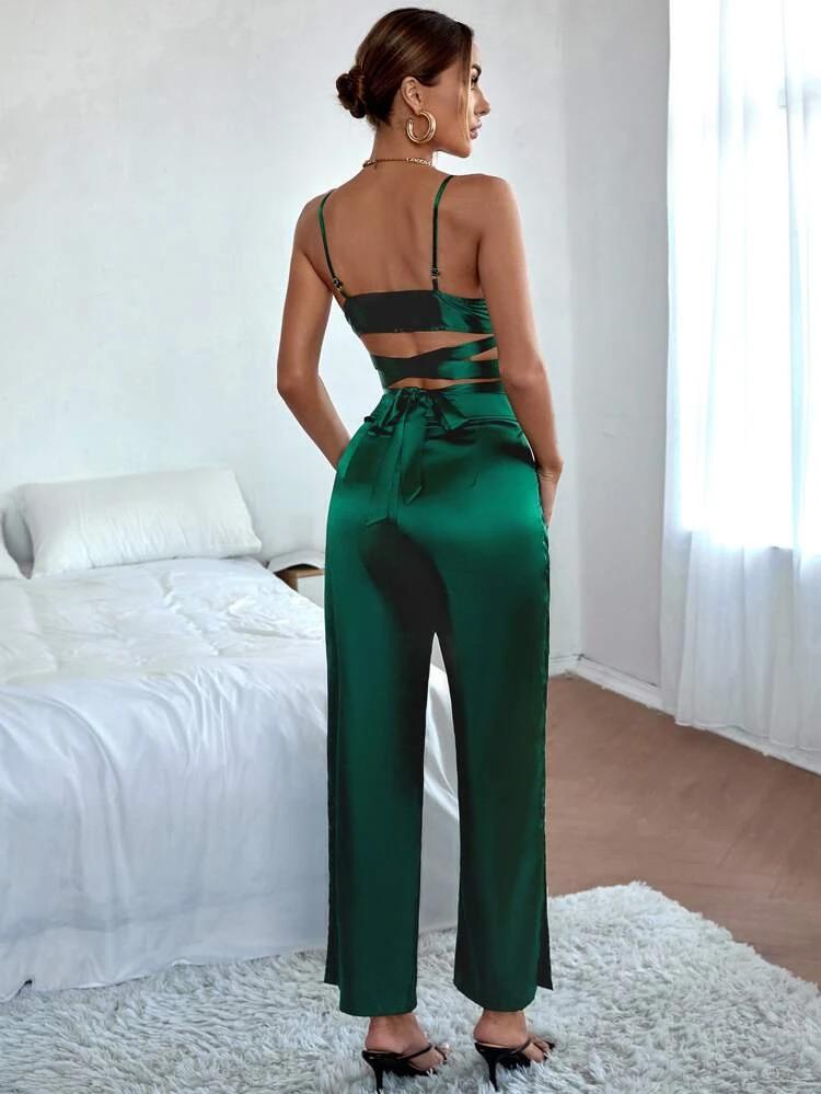 Solid Satin Criss Cross Tie Back Cami Top & Split Hem Pocket Pants