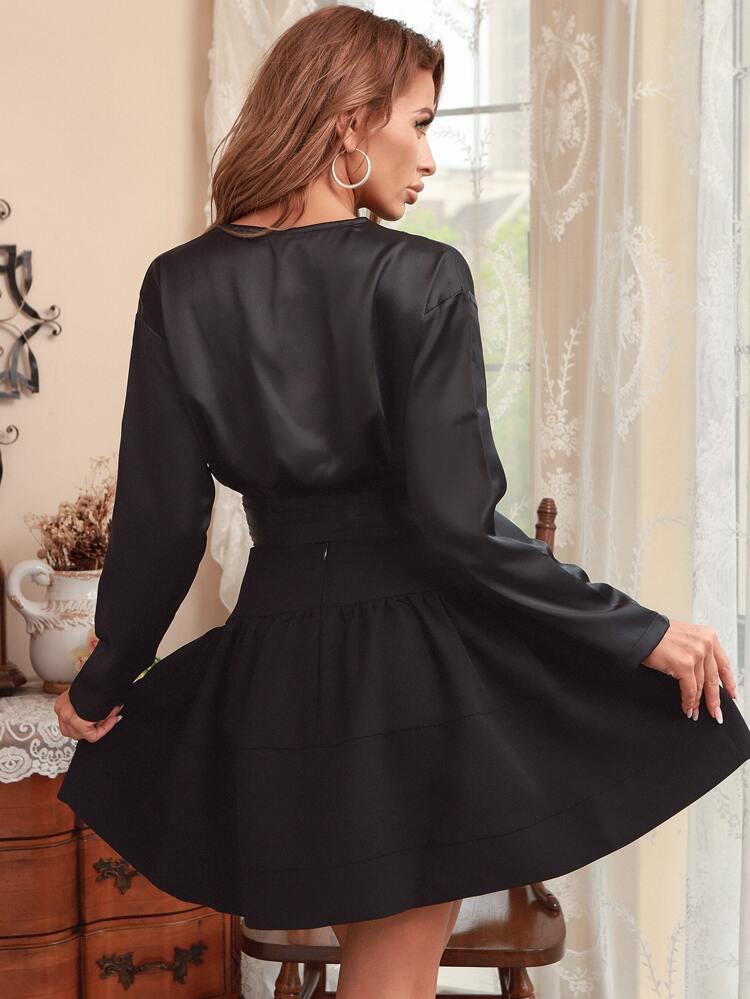 Overlap Collar Button Detail Satin Blouse & Skirt freeshipping - Kendiee