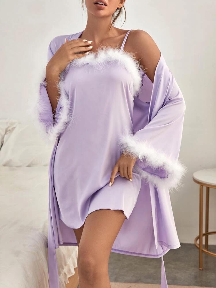 Belted Satin Robe & Fuzzy Trim Cami Dress PJ Set