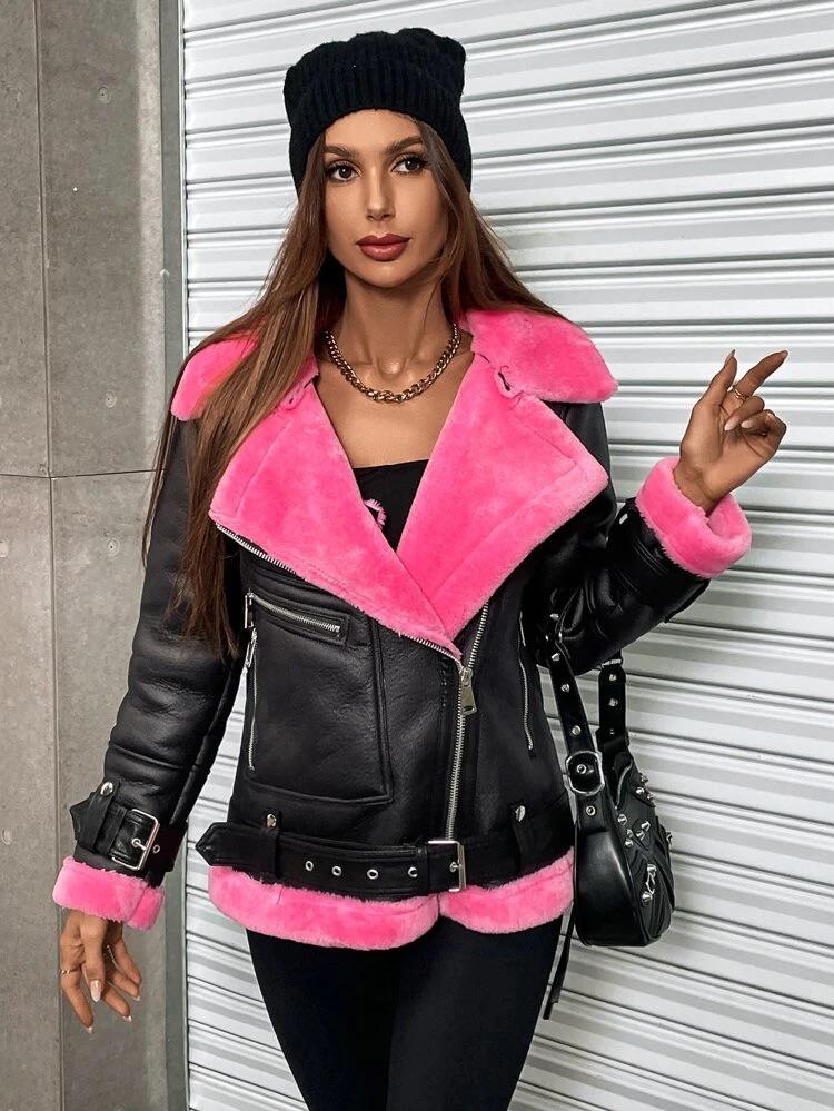 Colorblock Teddy Lined Belted Moto Jacket