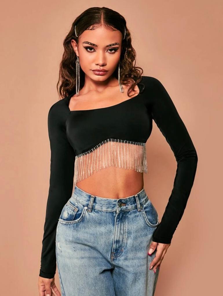 Raglan Sleeve Rhinestone Fringe Trim Crop Top