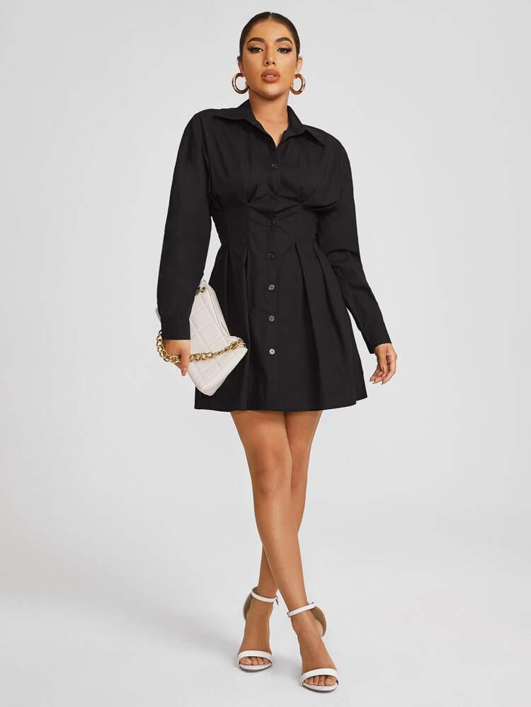 Single Breasted Fold Pleated Shirt Dress freeshipping - Kendiee