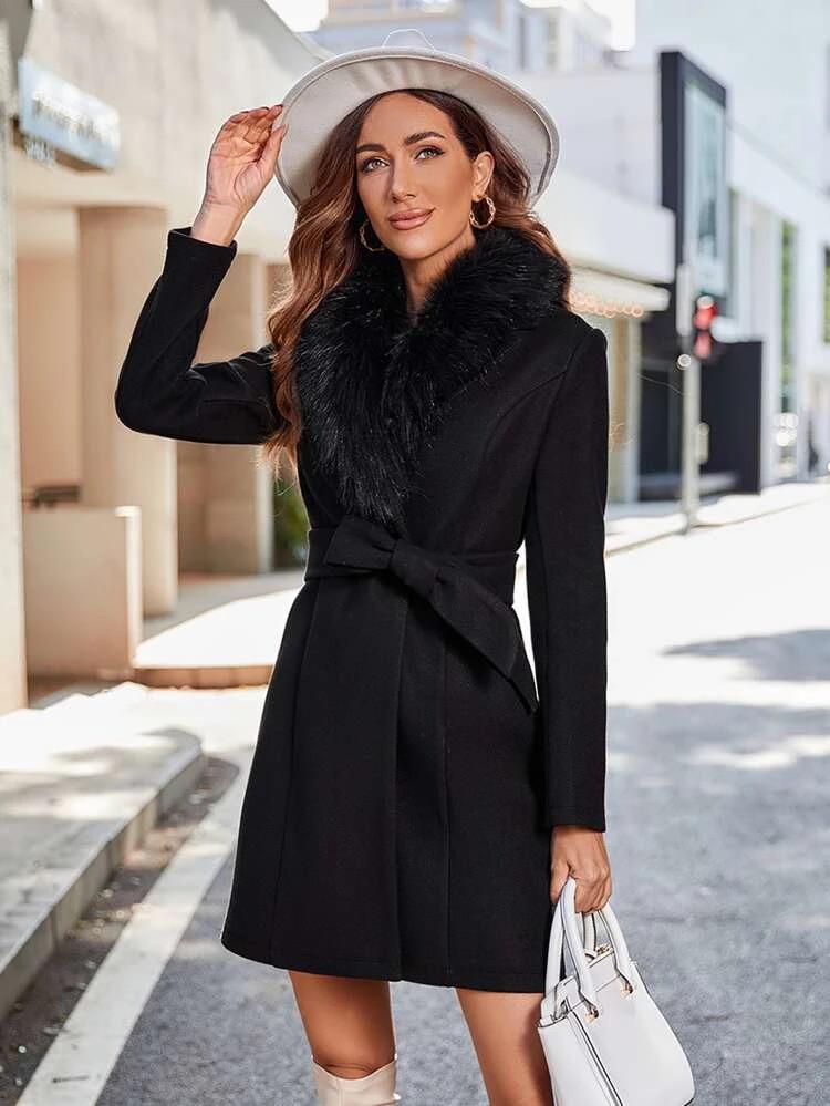 Contrast Fuzzy Collar Belted Overcoat