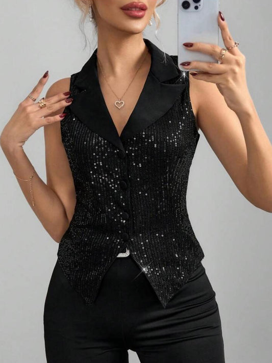 Sleeveless Black Suit Collar Fitted Sequin Top