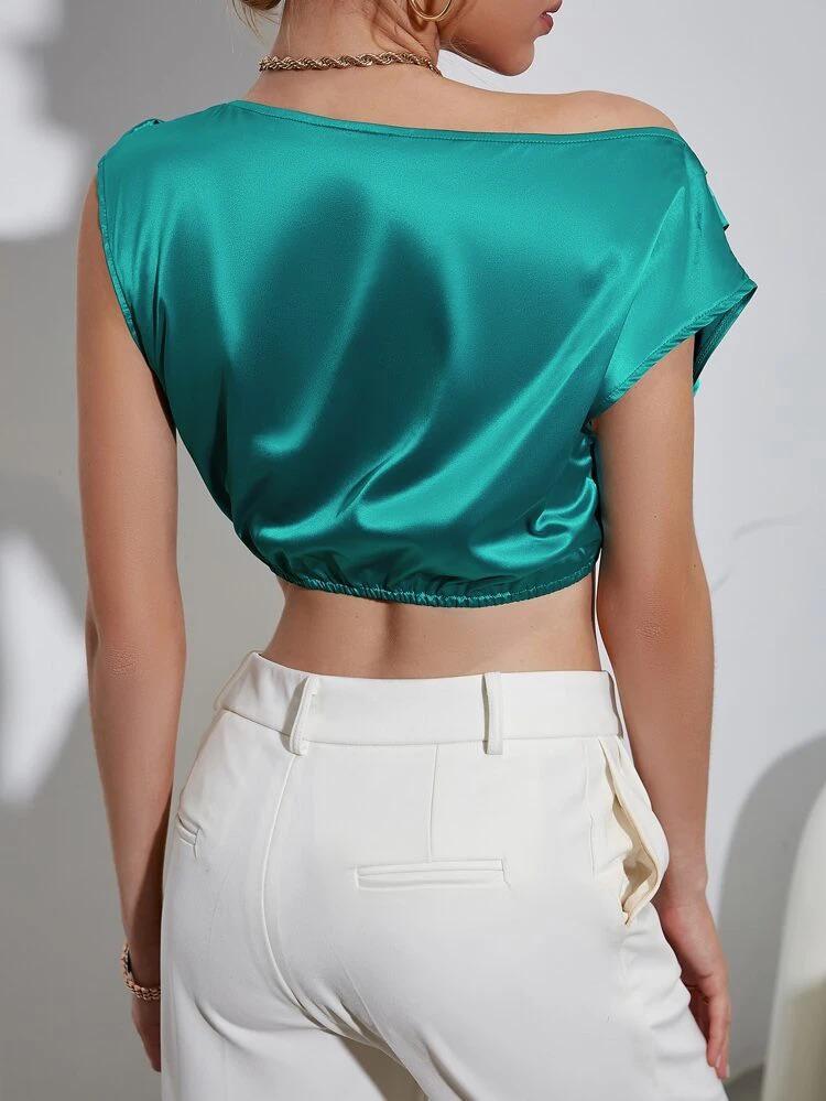 Asymmetrical Neck Ruched Satin Crop Top