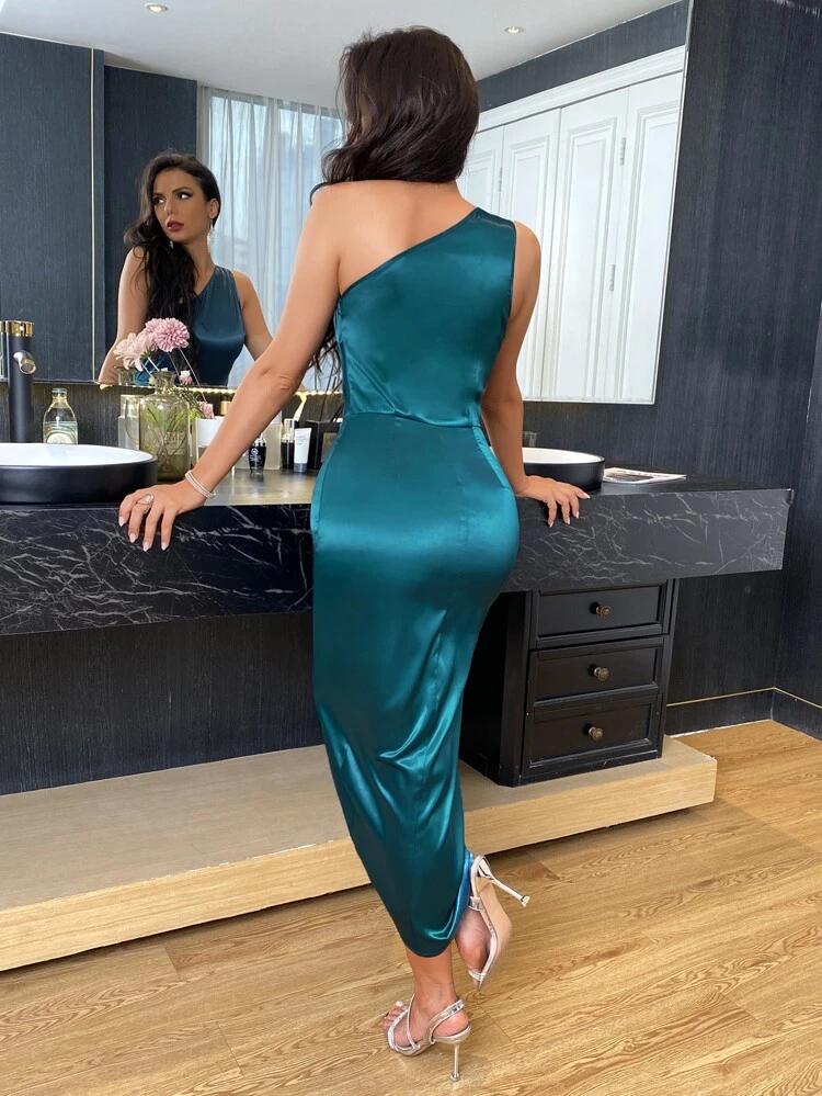 Satin One Shoulder Tulip Hem Bodycon Dress freeshipping - Kendiee