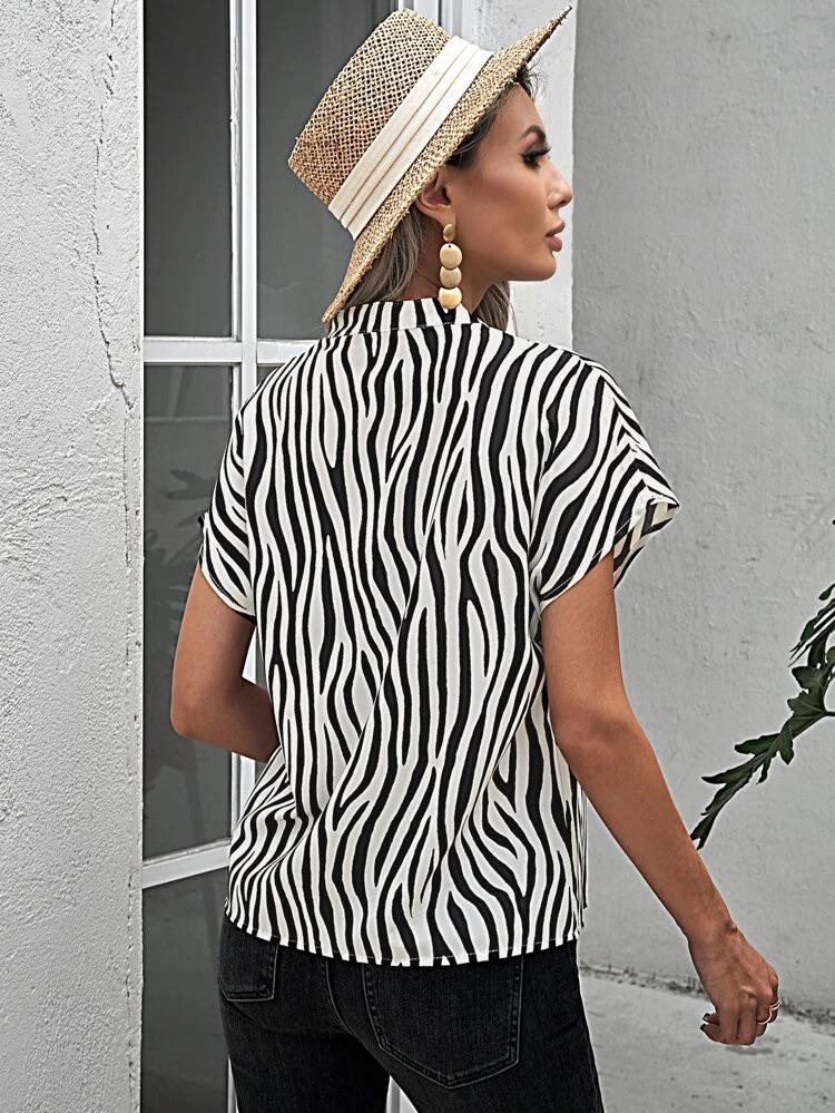 Zebra Stripe Print Notch Neck Blouse