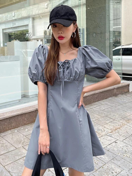 Puff Sleeve Fake Button Tie Front Dress freeshipping - Kendiee