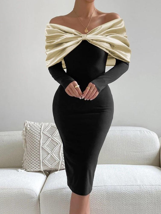 Two Tone Off Shoulder Fold Over Bodycon Dress