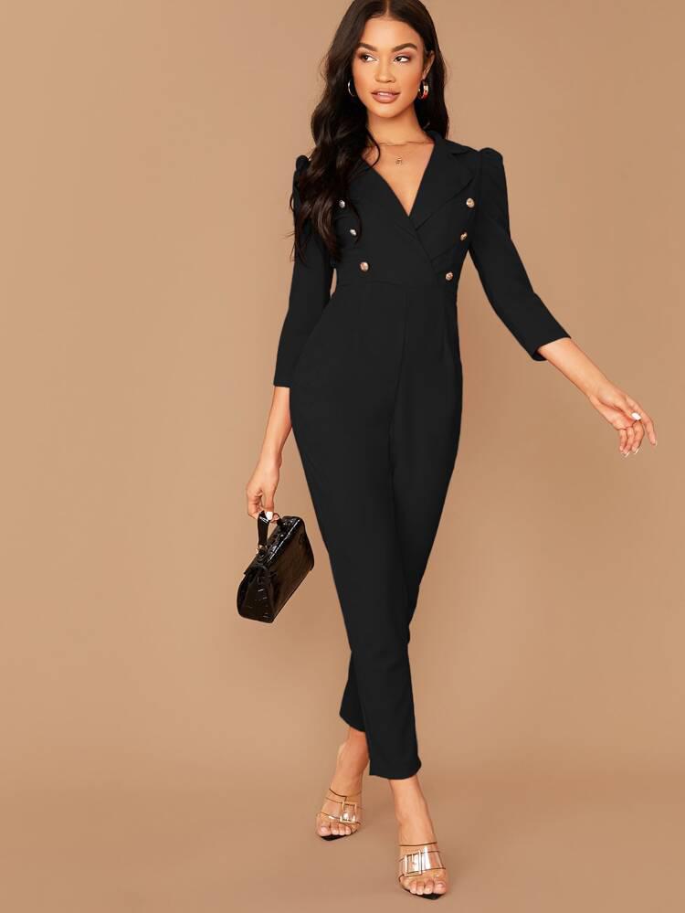 Notched Collar Double Breasted Jumpsuit freeshipping - Kendiee