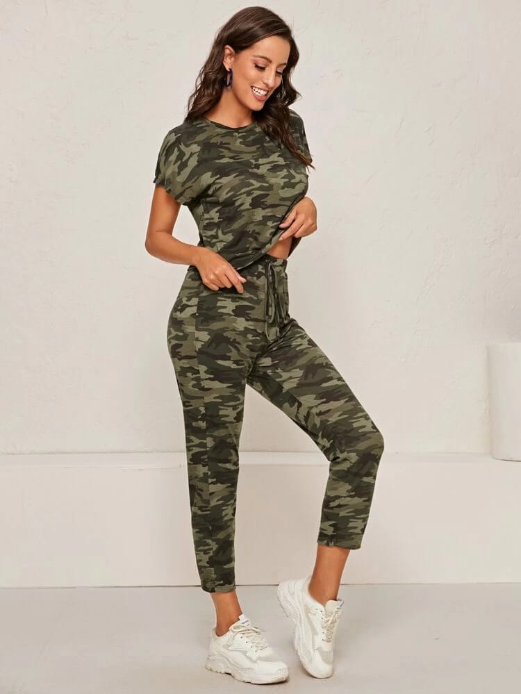 Batwing Sleeve Camo Tee And Tie Front Joggers Set