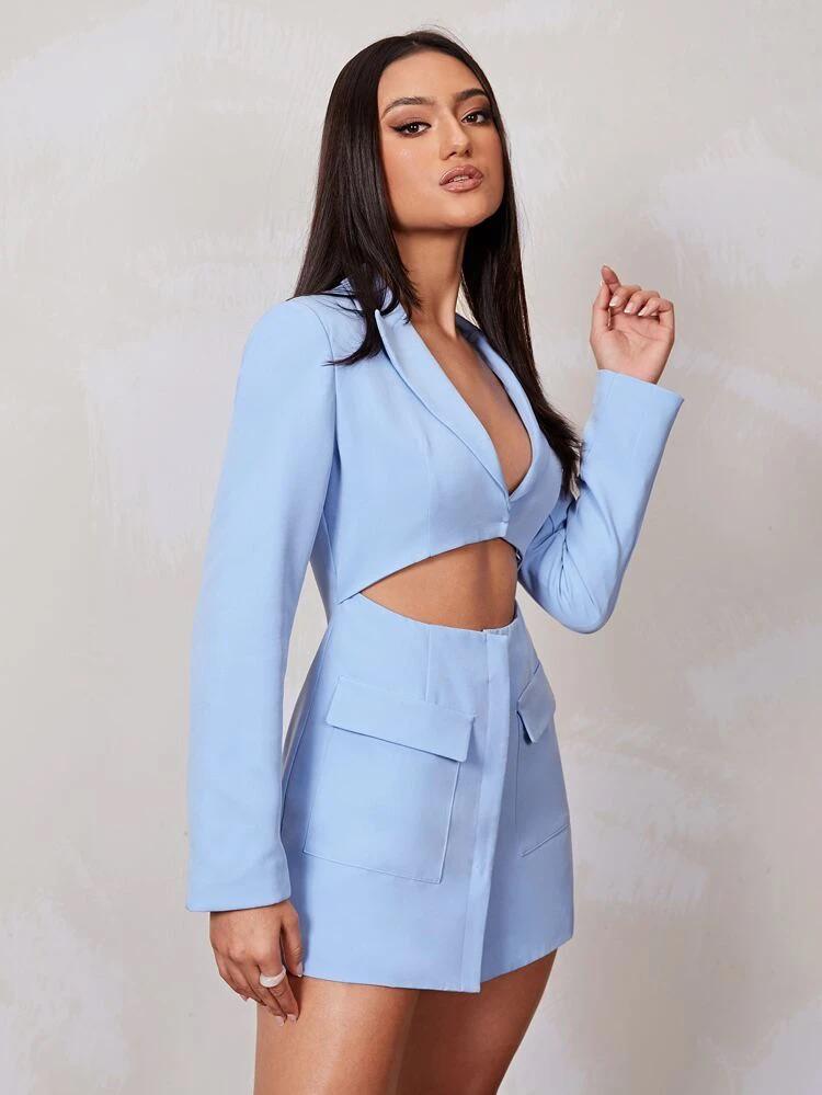 Lapel Neck Flap Pocket Cut Out Blazer Dress