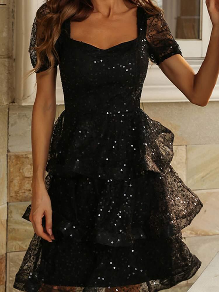 Layered Hem Sequin Dress freeshipping - Kendiee