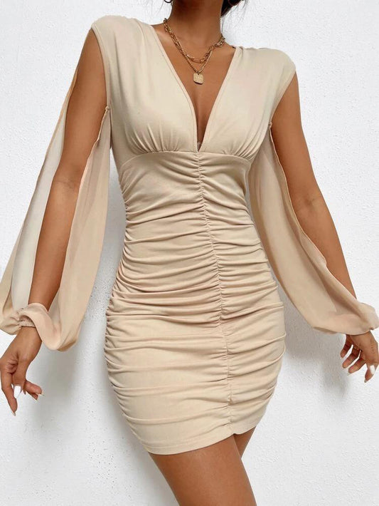 Plunging Neck Split Lantern Sleeve Ruched Bodycon Dress