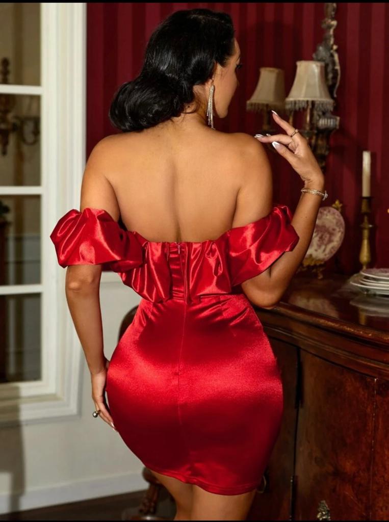 Off Shoulder Satin Bodycon Dress