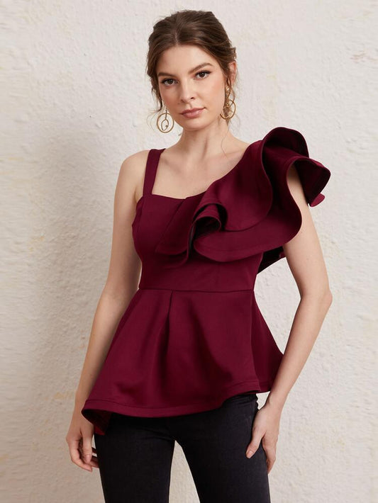 Asymmetrical Neck Ruffle Trim Peplum Top freeshipping - Kendiee