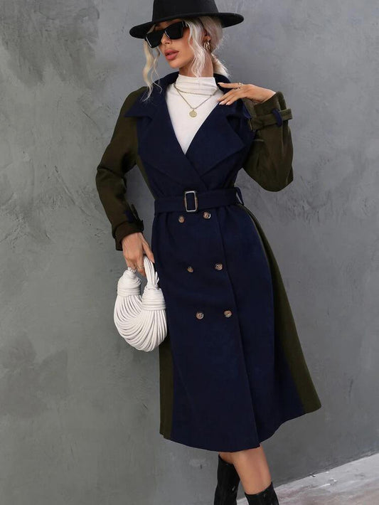 Two Tone Raglan Sleeve Double Breasted Belted Overcoat