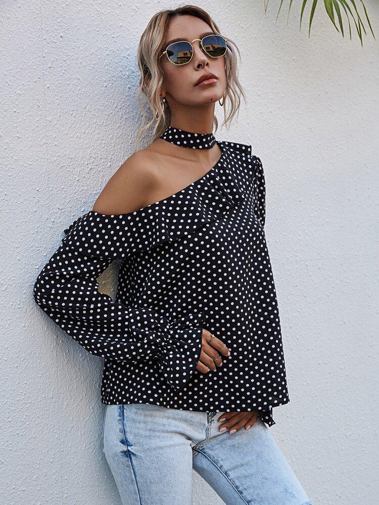 Polka Dot Asymmetrical Neck Ruffle Trim Blouse freeshipping - Kendiee