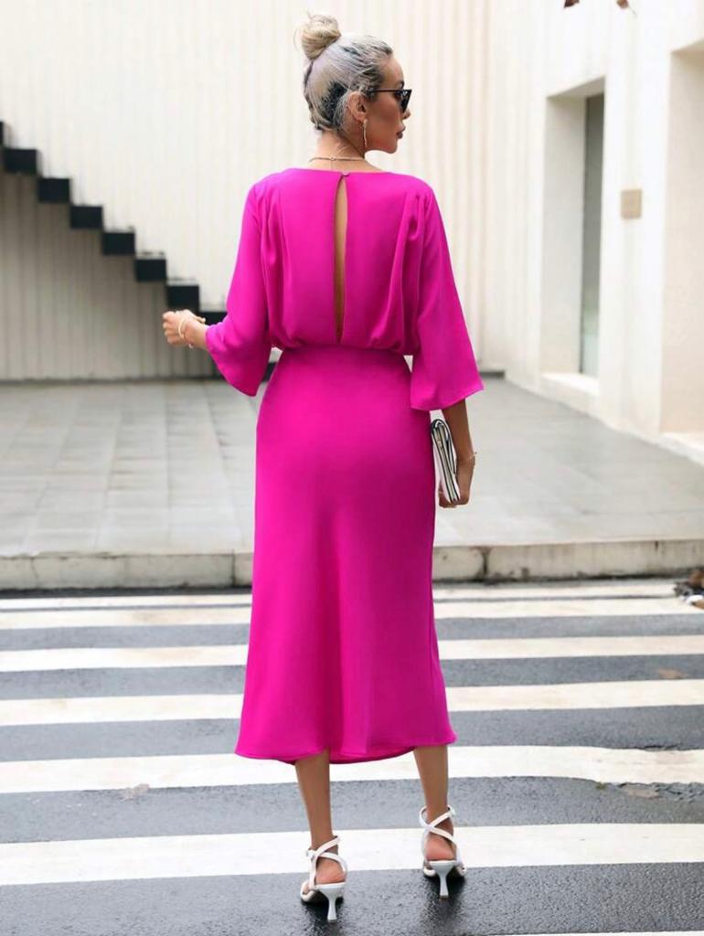 Solid Plunging Neck Flounce Sleeve Dress