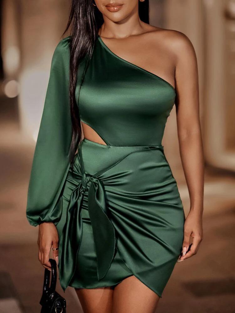 One Shoulder Cut Out Knot Front Satin Bodycon Dress