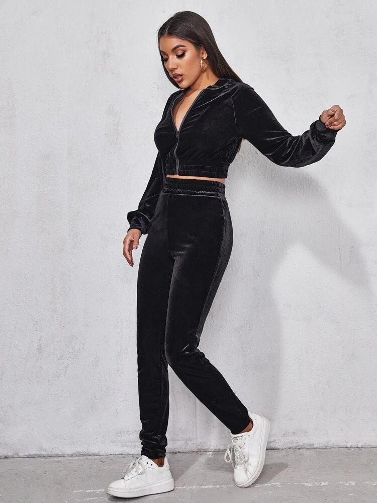 Solid Velvet Bomber Jacket & Sweatpants Set freeshipping - Kendiee