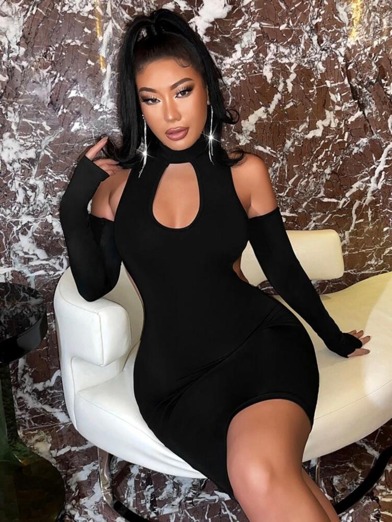 Cut Out Cold Shoulder Thumbholes Bodycon Dress