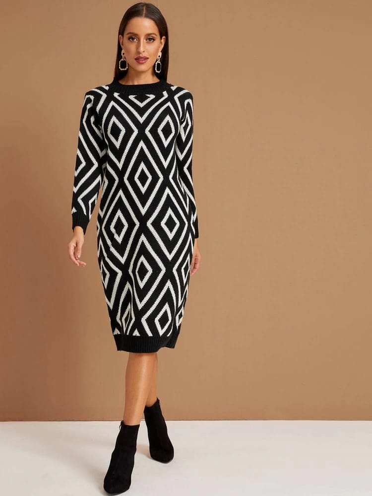 Argyle Print Crew Neck Sweater Dress freeshipping - Kendiee