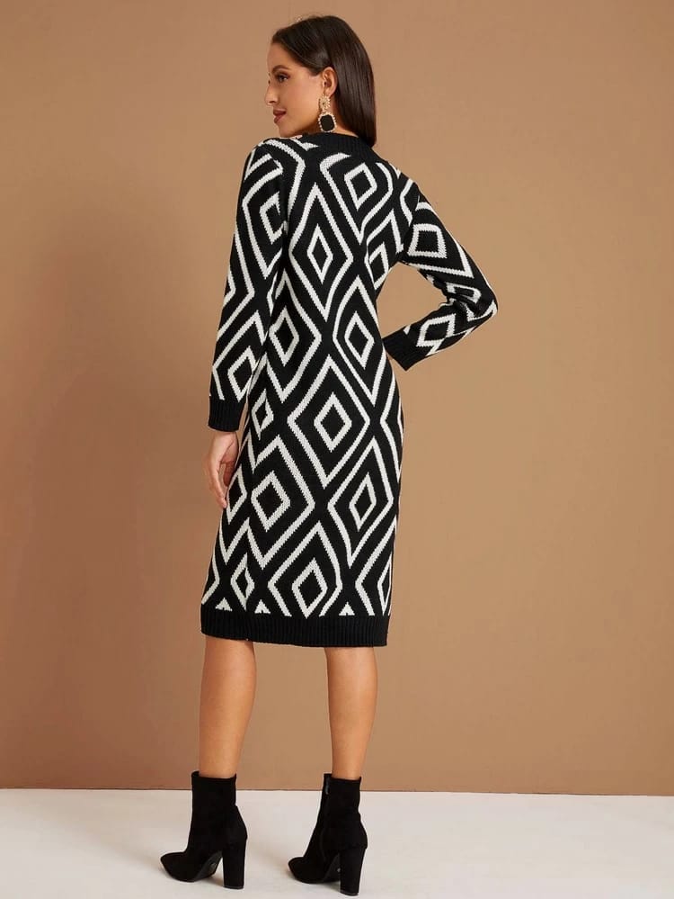 Argyle Print Crew Neck Sweater Dress freeshipping - Kendiee