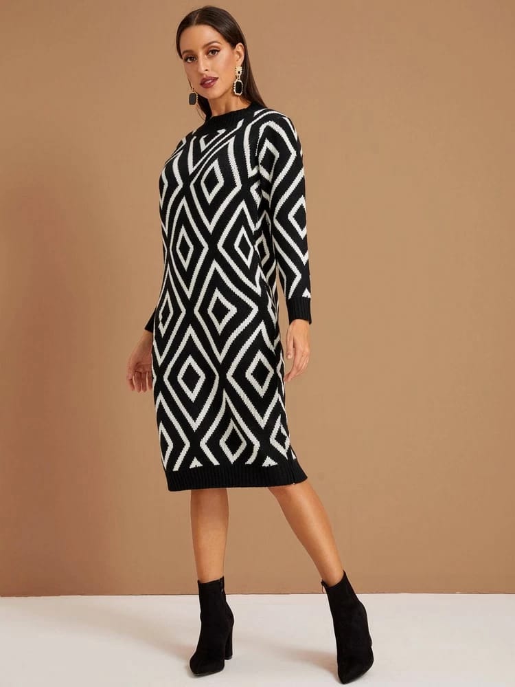 Argyle Print Crew Neck Sweater Dress freeshipping - Kendiee