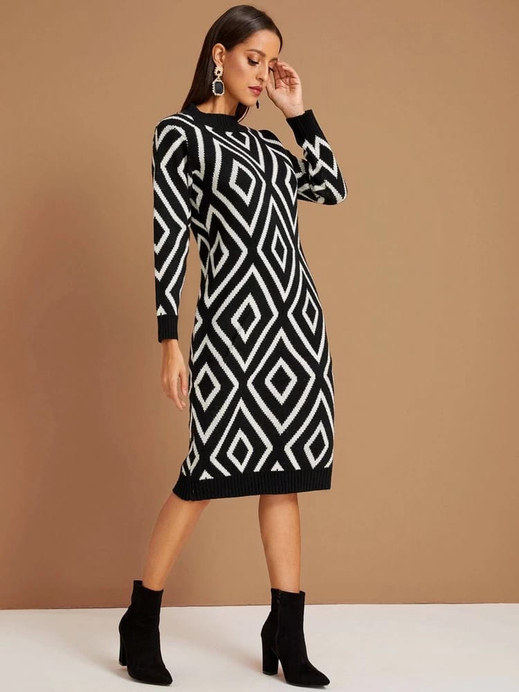 Argyle Print Crew Neck Sweater Dress freeshipping - Kendiee