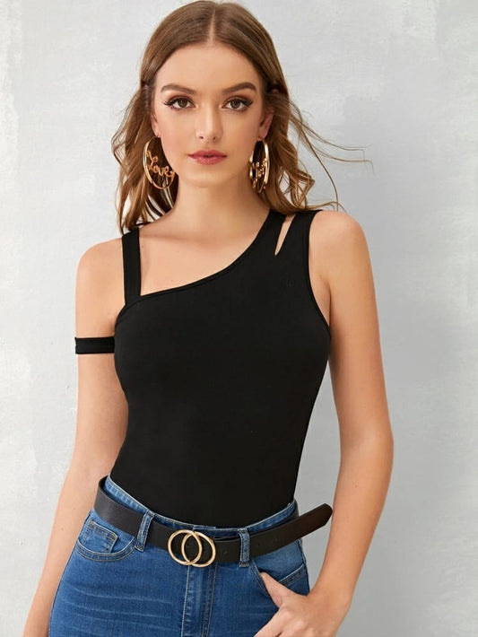 Asymmetrical Neck Cutout Detail Fitted Top freeshipping - Kendiee