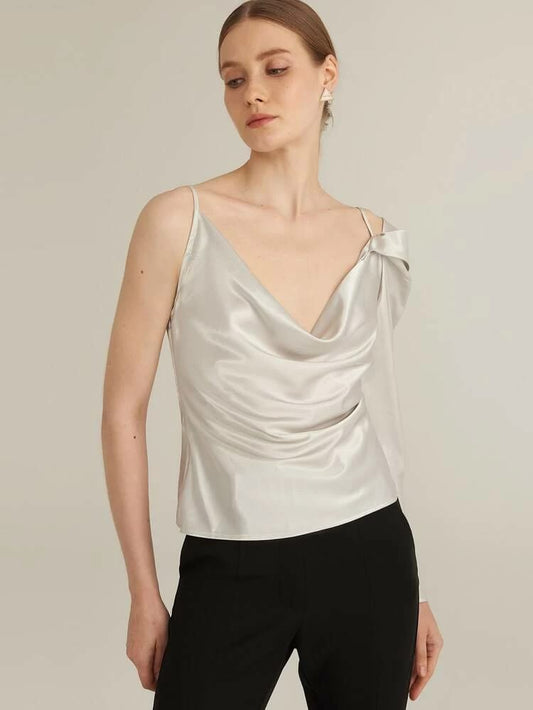 Asymmetrical neck draped front satin top freeshipping - Kendiee