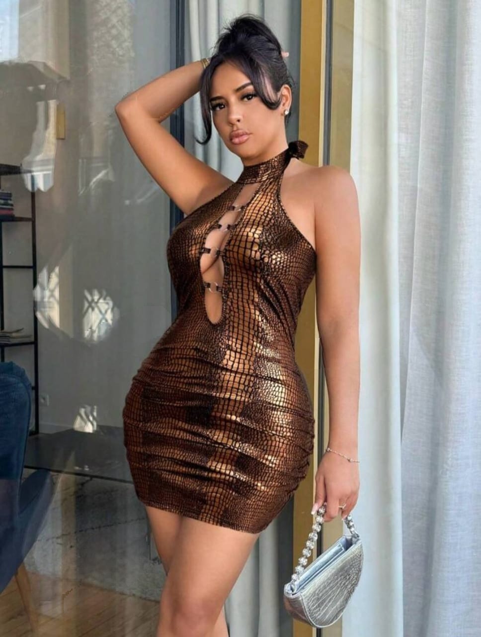 Backless Snake Skin Print Hollow-Out Bodycon Dress