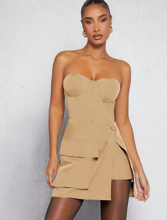 Bustier Flap Pocket Wrap Hem Dress