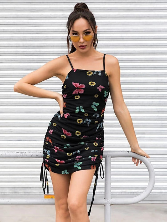 Butterfly Print Drawstring Detail Bodycon Dress freeshipping - Kendiee