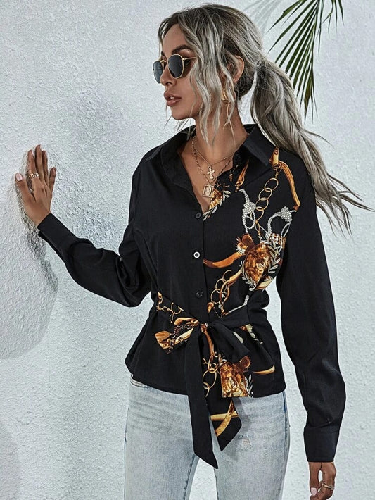 Chain Print Tie Front Blouse freeshipping - Kendiee